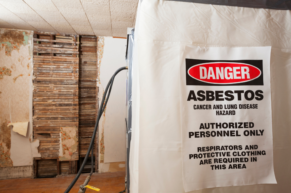 Workers in protective gear safely removing asbestos from a home, following best practices for asbestos abatement.